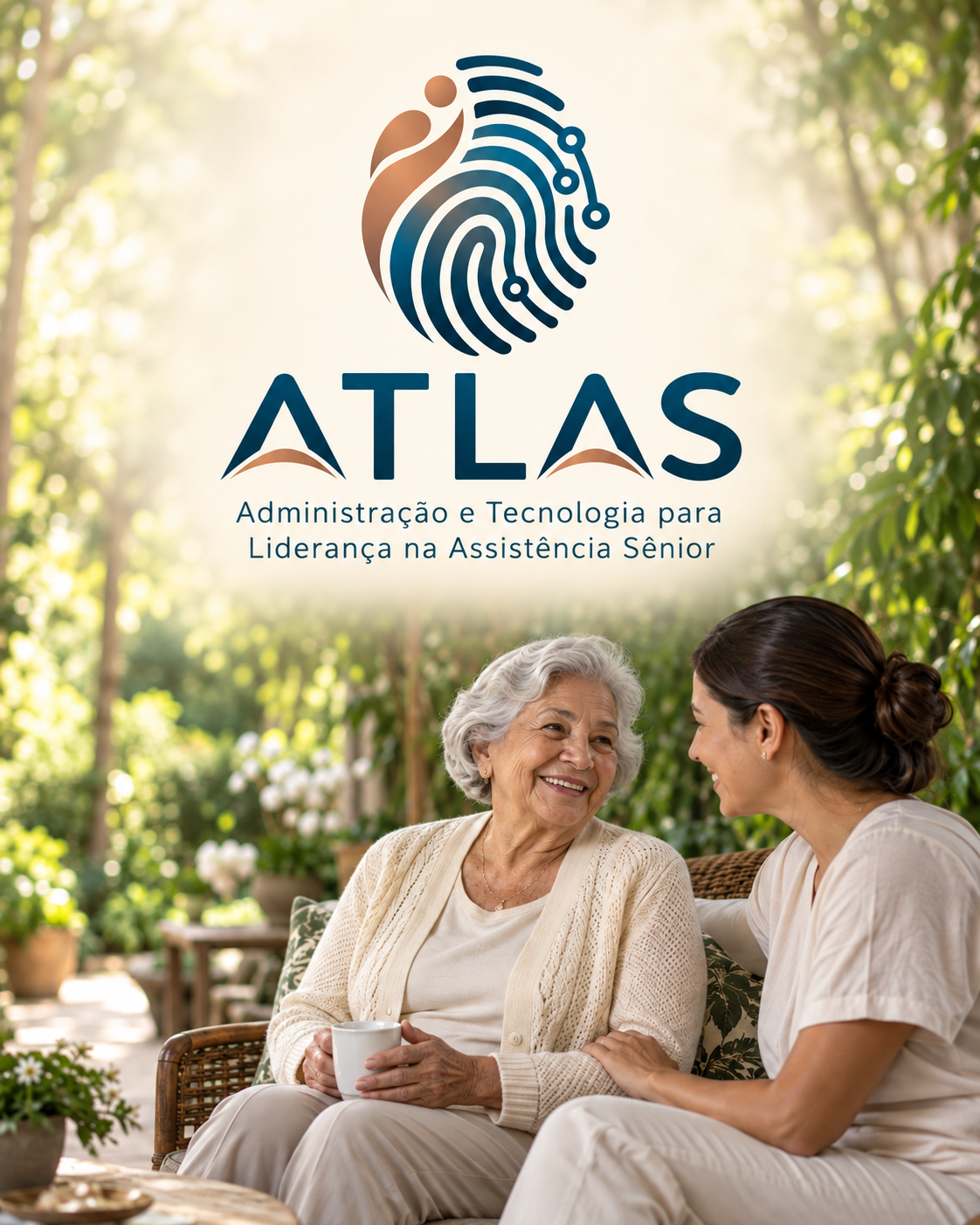 ATLAS — Administração e Tecnologia para Liderança na Assistência Sênior. Idosa e cuidadora conversando no jardim.